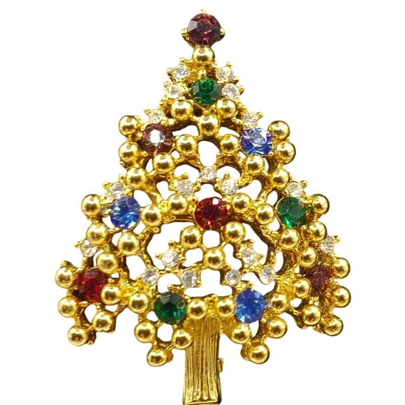 Eisenberg Rhinestone Christmas Tree Brooch Gold Tone Bling Holiday Pin Signed - Picture 1 of 8